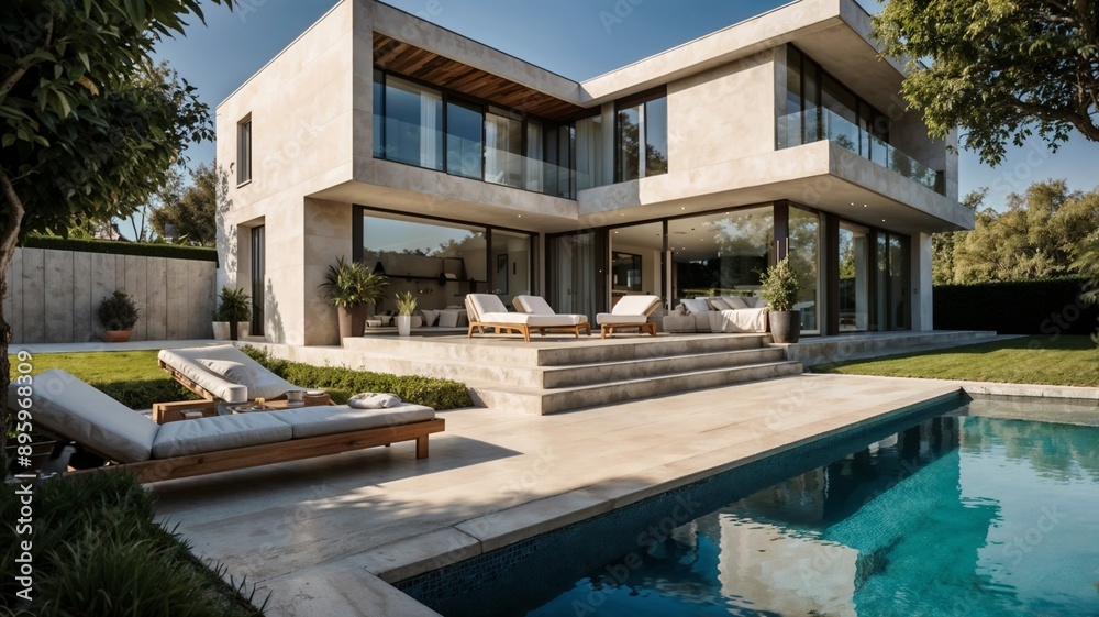 Modern, minimalist house with a flat roof and large glass windows, featuring a sleek, angular design. The exterior is clad in light-colored stone, complemented by dark-framed windows. Modern, minimalist house with a flat roof and large glass windows, featuring a sleek, angular design. The exterior is clad in light-colored stone, complemented by dark-framed windows.