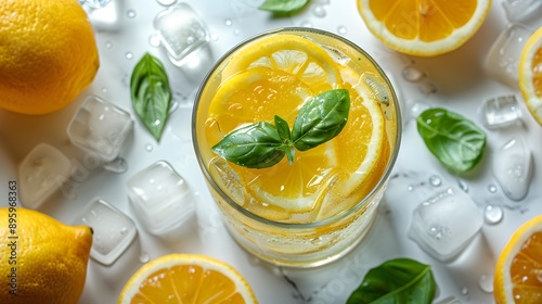 Refreshing lemonade in a glass, ice cubes, lemon slices, fresh basil leaves, scattered on white marble countertop, top view, vibrant colors, high contrast, soft natural light, food photography. © horizon