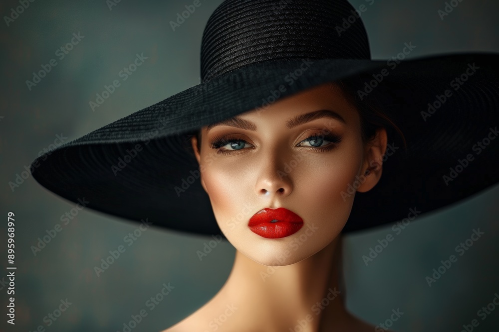 Elegant woman wearing a large black hat, with bold makeup and glamorous style. Elegant woman wearing a large black hat, with bold makeup and glamorous style.