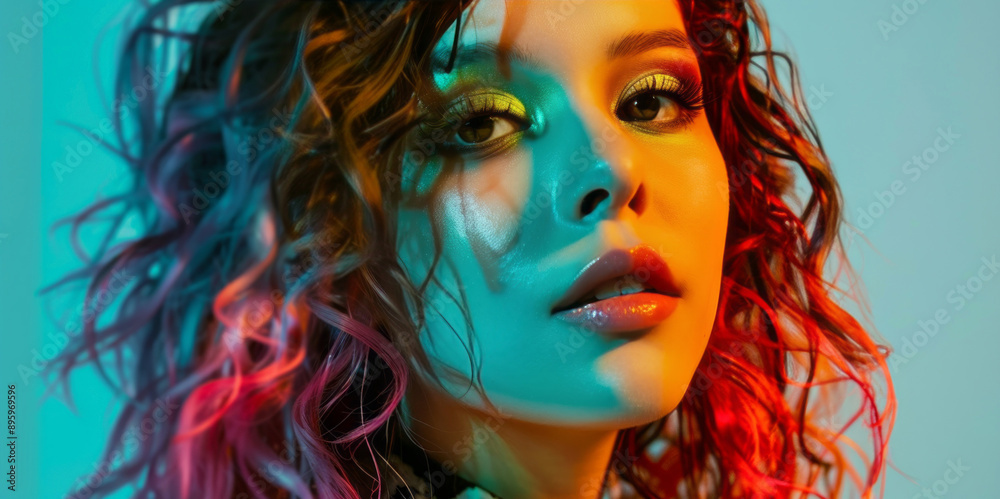 A beautiful woman with hair and makeup posed against a solid color background, with studio lighting casting shadows on her face. A beautiful woman with hair and makeup posed against a solid color background, with studio lighting casting shadows on her face.