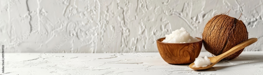 Wooden bowl and spoon with coconut oil and a whole coconut on a white textured background. Organic skincare concept. Wooden bowl and spoon with coconut oil and a whole coconut on a white textured background. Organic skincare concept.