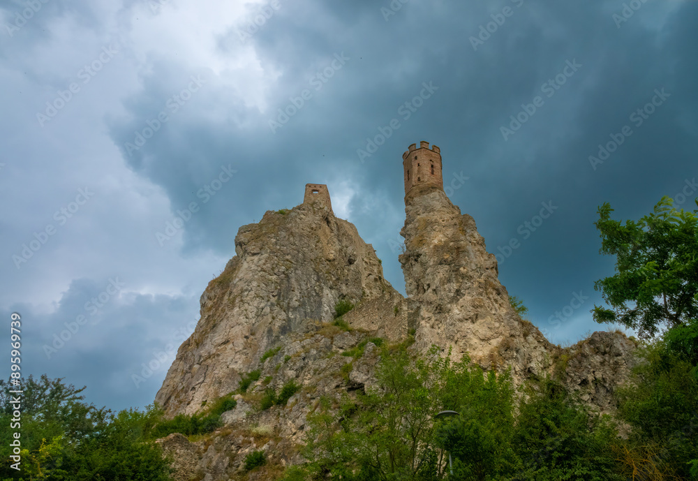 The famous Maiden tower, standing on an isloated rock above among the ruins of the Devin castle, Bratislava, Slovakia