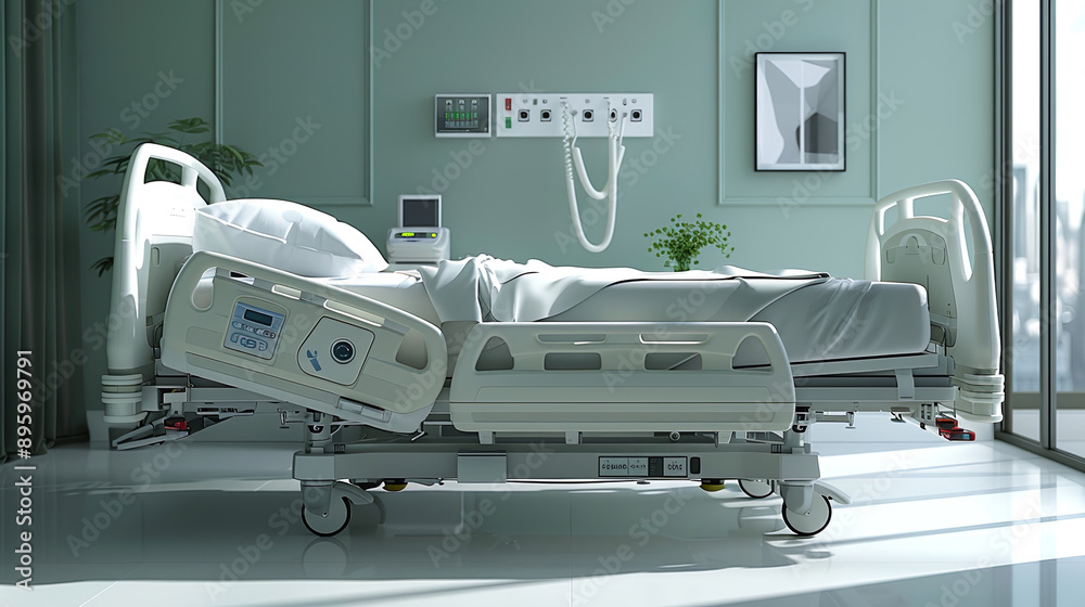 Adjustable empty hospital bed waiting for a patient to be cared for by a doctor in a medical clinic Adjustable empty hospital bed waiting for a patient to be cared for by a doctor in a medical clinic