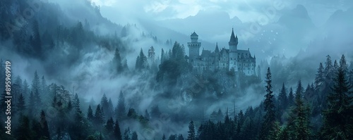 Enchanted castle nestled in a misty forest, 4K hyperrealistic photo