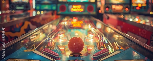 A vintage pinball machine with flashing lights and clanging bells, its addictive gameplay drawing in players of all ages. photo