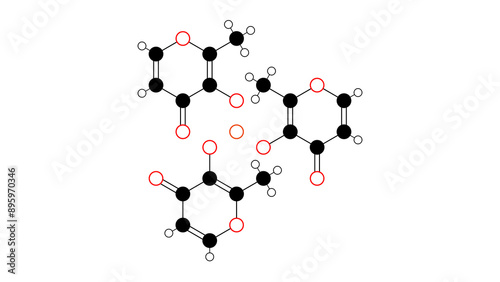 ferric maltol molecule, structural chemical formula, ball-and-stick model, isolated image iron containing medication photo