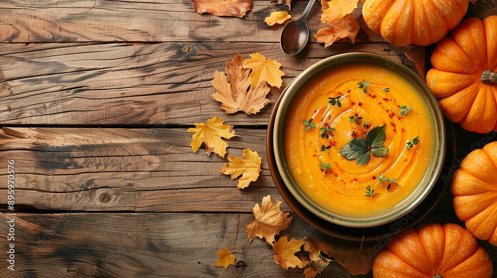 Pumpkin soup with cream and pumpkin seeds on a wooden table Pumpkin soup with cream and pumpkin seeds on a wooden table