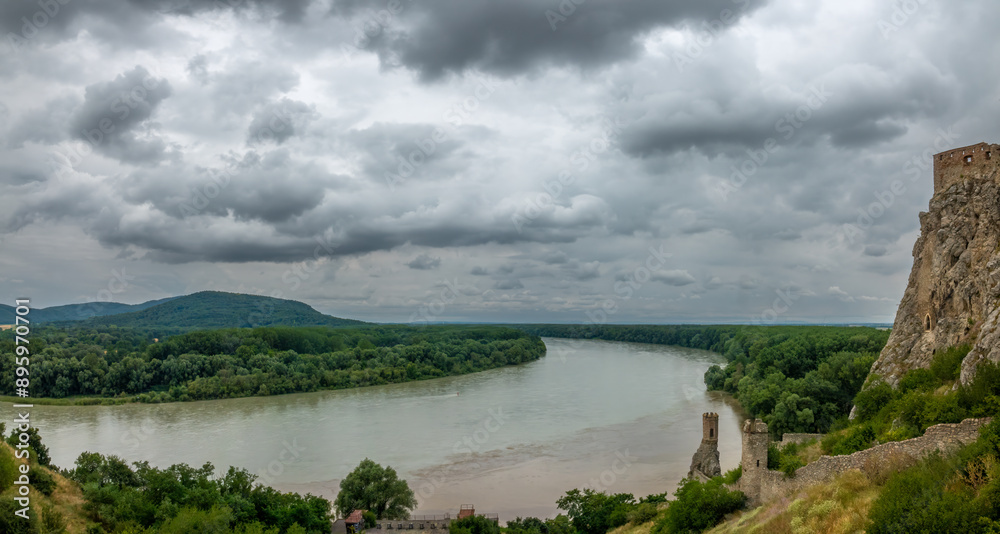 Slovakian Rivers Ruins of the Devin Castle and the famous Maiden tower at the stunning ...