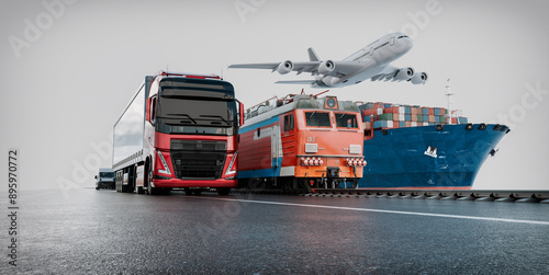 Quadro su tela Logistics import export of containers cargo freight ship, truck transport container on highway at port cargo shipping dock yard , plane, transportation industry concept