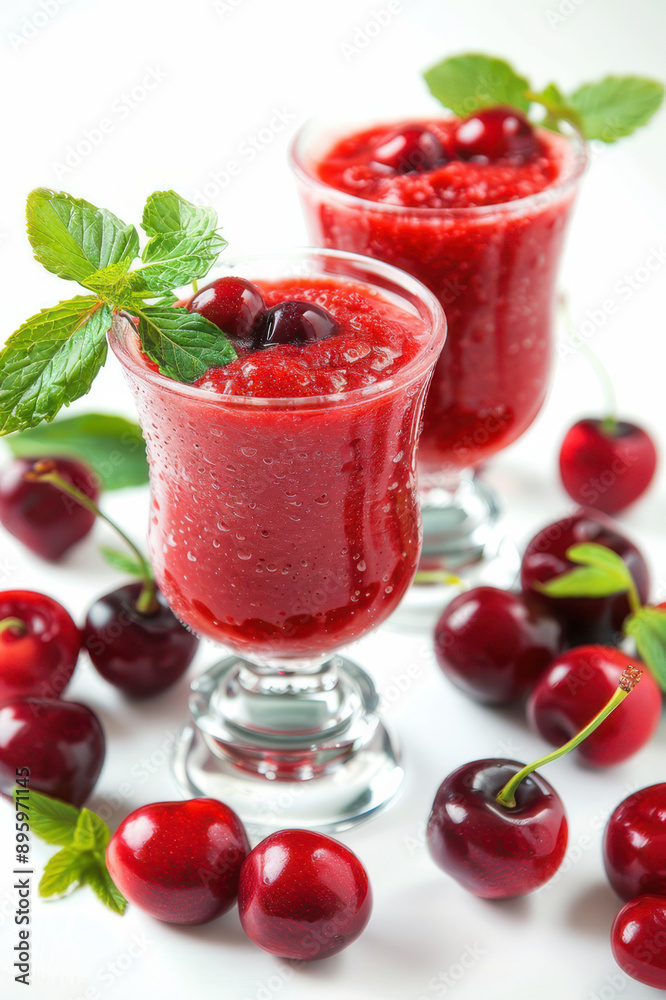 Refreshing cherry smoothies in glass cups garnished with fresh mint, surrounded by ripe cherries on a white background. Refreshing cherry smoothies in glass cups garnished with fresh mint, surrounded by ripe cherries on a white background.