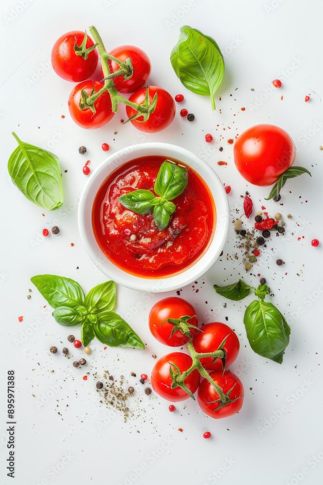 Fresh tomatoes, basil leaves, and spices arranged around a bowl of tomato sauce on a white background. Fresh tomatoes, basil leaves, and spices arranged around a bowl of tomato sauce on a white background.