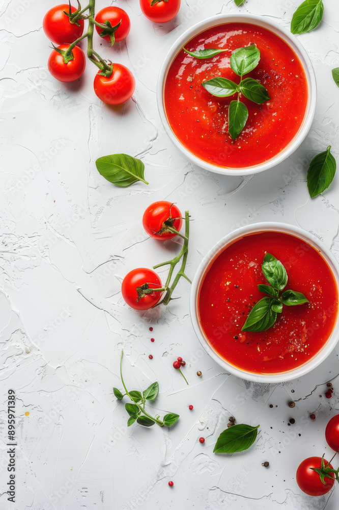 Fresh tomatoes, basil leaves, and spices arranged around a bowl of tomato sauce on a white background. Fresh tomatoes, basil leaves, and spices arranged around a bowl of tomato sauce on a white background.