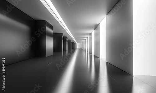 Architectural minimalism at its finest, showcasing a black and white hallway with dramatic lighting and geometric shapes