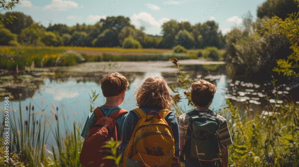 Fototapeta premium Three children are standing by a lake, each wearing a backpack