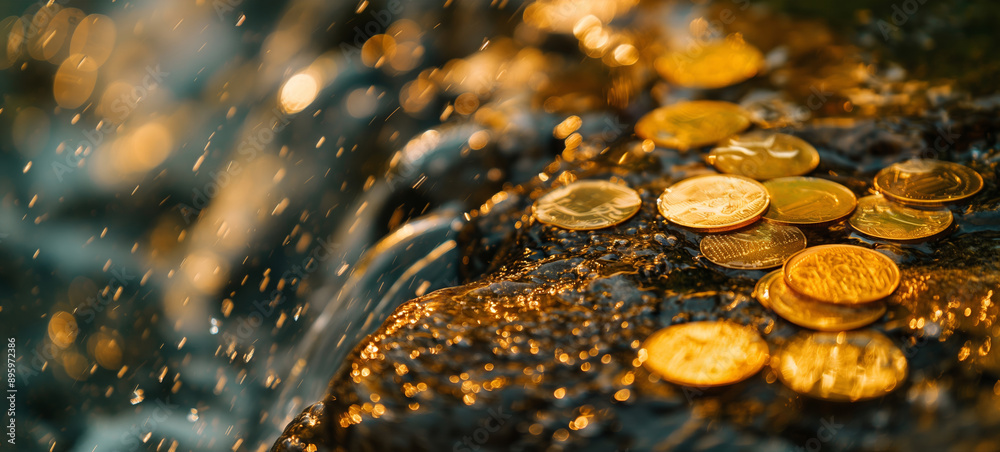 A collection of gold coins submerged in water with bright sunlight creating sparkling reflections on the surfaces. A collection of gold coins submerged in water with bright sunlight creating sparkling reflections on the surfaces.