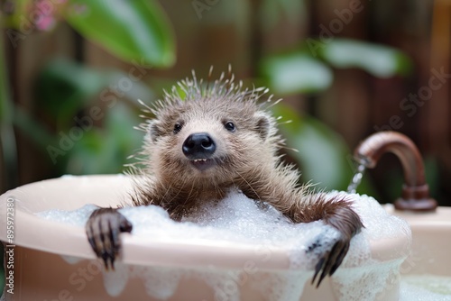 A happy hedgehog is having fun, enjoying a nice bath in a tub filled with lots of bubbles and surrounding greenery. photo