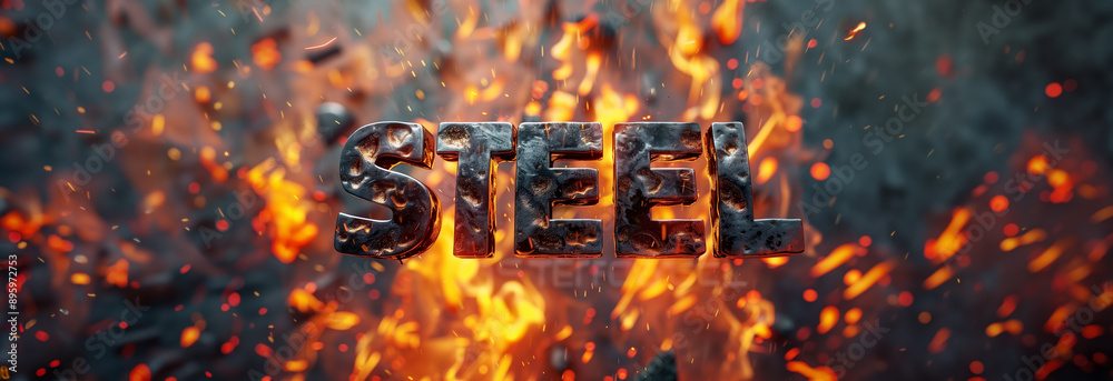 Dynamic steel text being consumed by swirling fiery flames and glowing sparks, showcasing its strength. Dynamic steel text being consumed by swirling fiery flames and glowing sparks, showcasing its strength.