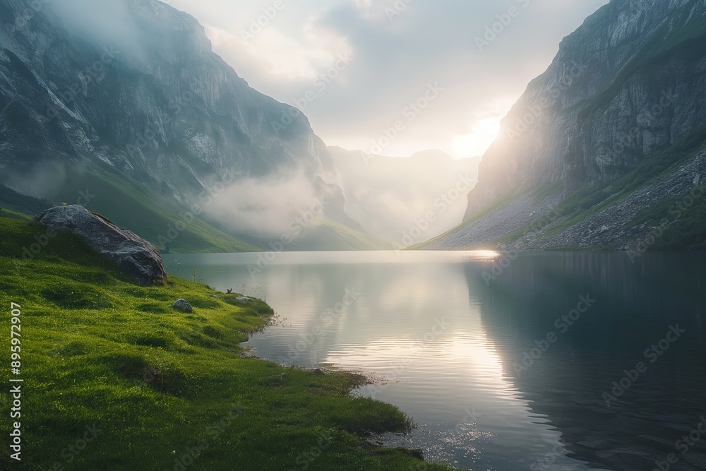 The image shows a beautiful sunrise over a calm mountain lake, with mist and lush greenery around. The image shows a beautiful sunrise over a calm mountain lake, with mist and lush greenery around.
