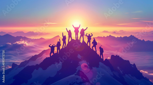 Group of people on peak mountain climbing helping team work , travel trekking success business concept. Young asian couple climbing up on the mountain and team work concept, Sunset background.