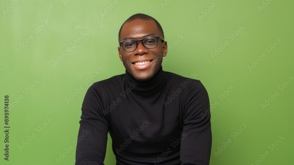 On a green background, a stylish african man wears a casual sweater and glasses On a green background, a stylish african man wears a casual sweater and glasses