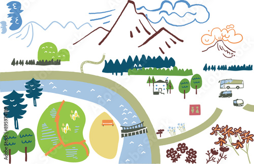 風光明媚な登山中継地　地図展開図風　ストックイラスト素材	
