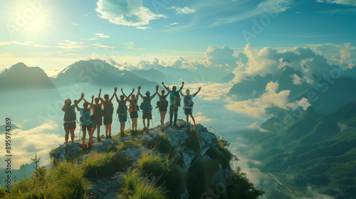 Group of people on peak mountain climbing helping team work , travel trekking success business concept. Young asian couple climbing up on the mountain and team work concept, Sunset background.
