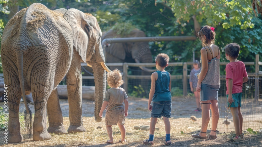 Fototapeta premium A group of children are standing in front of an elephant at a zoo