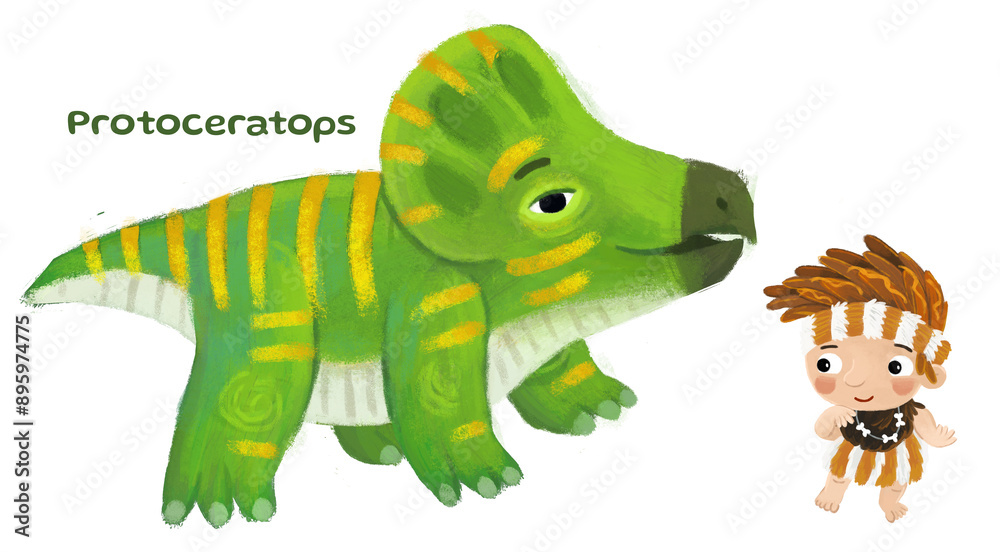 Fototapeta premium caveman human cartoon happy and funny colorful prehistoric dinosaur dino protoceratops isolated illustration with child pointing on animal