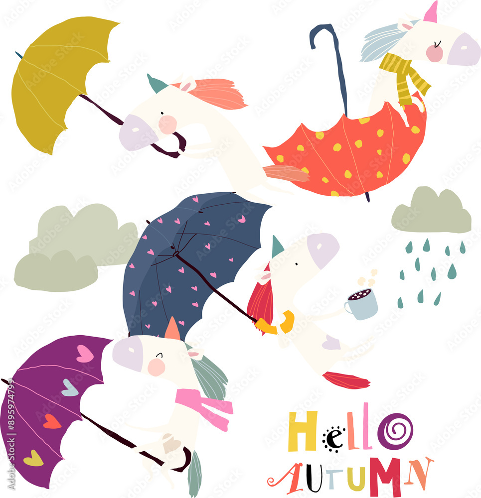 Fototapeta premium Funny Unicorns flying with Umbrellas in the Sky. Vector illustration