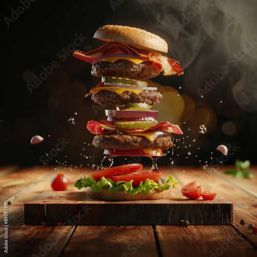 burger floating in the air with all ingredients like tomatoes and cheese slice food photography