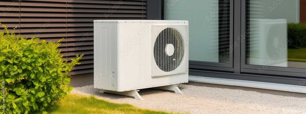 Clean Energy Solution: Air Source Heat Pump on Stylish House Exterior Clean Energy Solution: Air Source Heat Pump on Stylish House Exterior