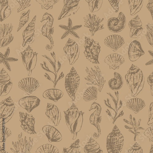 Vector sea animals seamless pattern. Sea shells in craft paper brown color