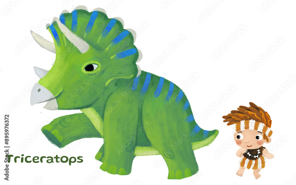 Naklejka premium caveman human cartoon happy and funny colorful prehistoric dinosaur dino triceratops isolated illustration with child pointing on animal
