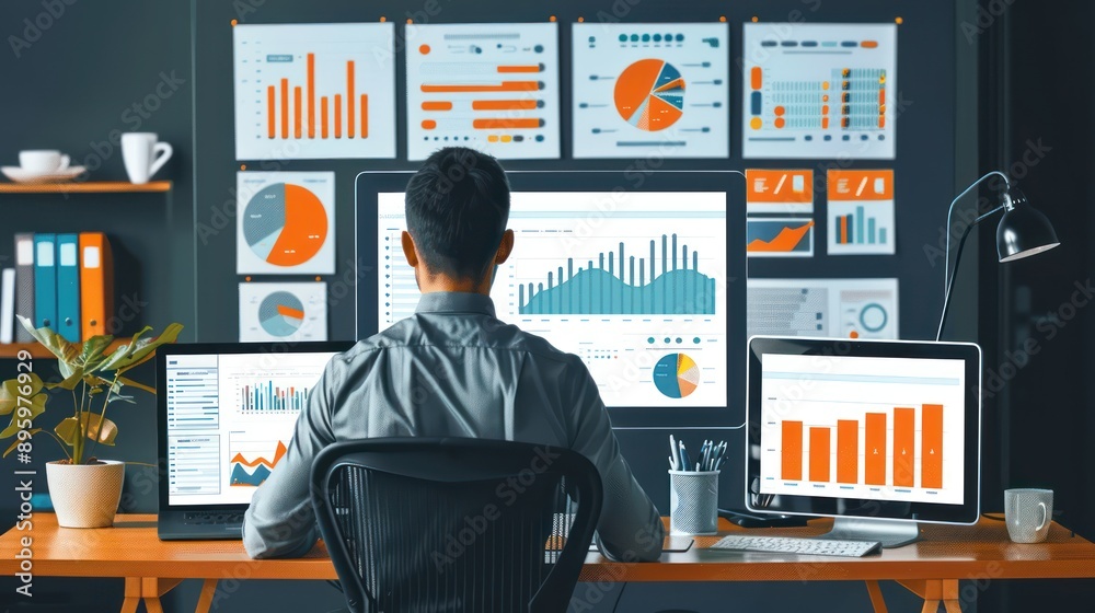 human and computer and data infographic in office background human and computer and data infographic in office background