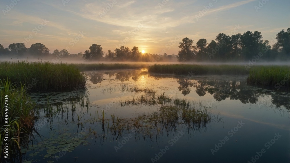 Fototapeta premium sunrise over lake fog over a sunrise swamp sky reflecting on a small rural creek fog over pond.
