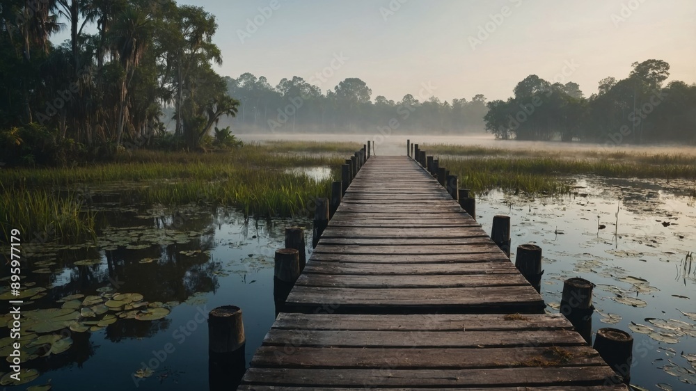 Fototapeta premium wood pier path over a swamp landscape misty and foggy early morning large The Royal Victoria water lily.