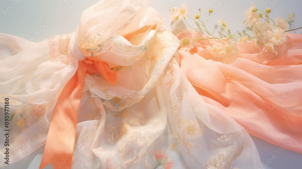 Fototapeta premium Elegant Pastel-Colored Silk Scarf with Delicate Patterns Isolated