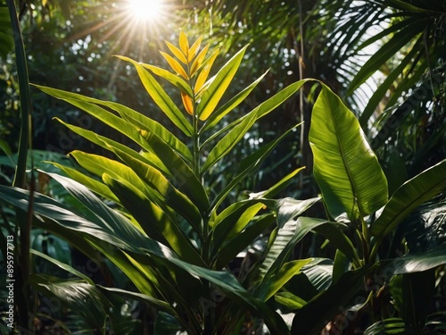 Sun Shines Through Leaves of Tropical Plant. photo