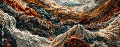 Earth-toned yarns intricately knotted into a rustic, abstract landscape, blending natural colors and organic shapes