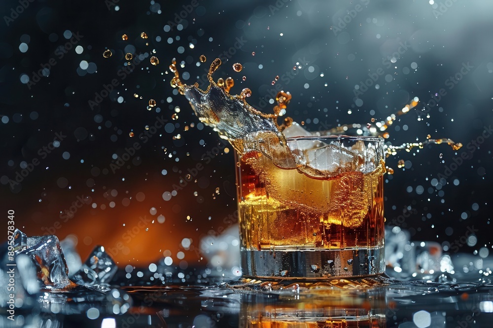 Dramatic splash of whiskey with ice cubes in a glass, isolated on black background Sharp, detailed focus capturing the motion Dramatic splash of whiskey with ice cubes in a glass, isolated on black background Sharp, detailed focus capturing the motion