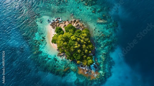 Stunning Aerial View of a Lush Tropical Island with Vibrant Coral Reef Underwater