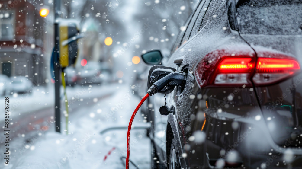 Charging electric car during heavy snowfall on city street Charging electric car during heavy snowfall on city street