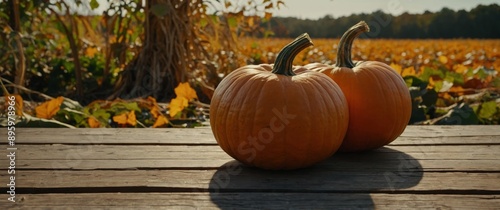 Three pumpkins, in shades of orange and calabaza, rest on a wooden table These natural foods belong to the plant family and are classified as winter squash vegetables. photo