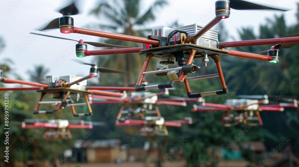 A fleet of delivery drones transporting medical supplies to remote areas with limited access to healthcare facilities. A fleet of delivery drones transporting medical supplies to remote areas with limited access to healthcare facilities.
