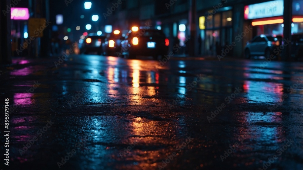 Wet asphalt reflecting vibrant neon lights in a nighttime urban scene The blurred headlights and colorful reflections create a moody, cinematic atmosphere. Wet asphalt reflecting vibrant neon lights in a nighttime urban scene The blurred headlights and colorful reflections create a moody, cinematic atmosphere.