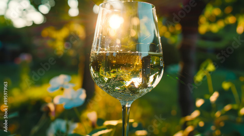 Sparkling wine glass reflecting summer sunset in the garden