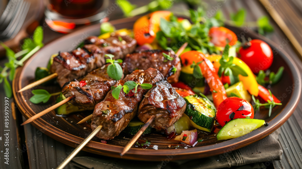 Juicy beef skewers with grilled vegetables Juicy beef skewers with grilled vegetables