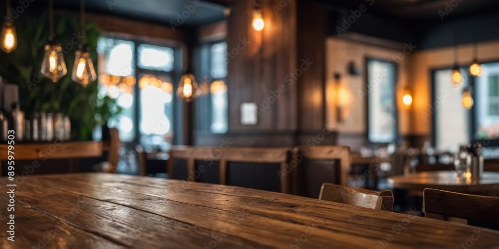 Wooden table blurred background of restaurant of cafe with bokeh. Wooden table blurred background of restaurant of cafe with bokeh.