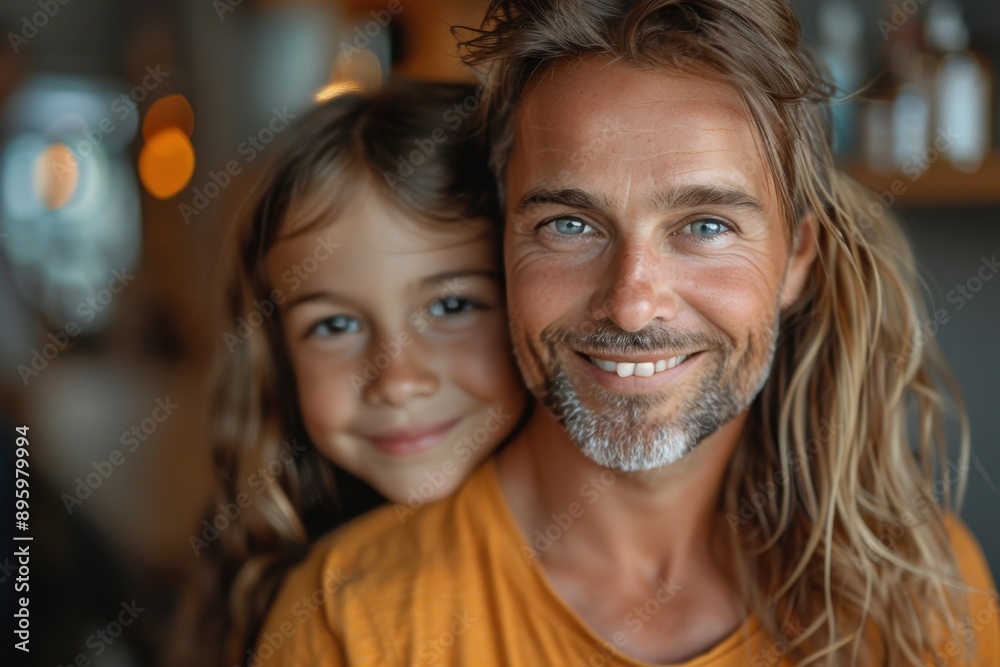 A loving close-up portrait of a father warmly smiling with his cheerful daughter peeking from behind his shoulder, showcasing a deep familial bond and joy. A loving close-up portrait of a father warmly smiling with his cheerful daughter peeking from behind his shoulder, showcasing a deep familial bond and joy.