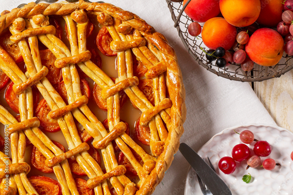 Apricot pie decorated with dough ornament and a metal basket with fruits and berries.